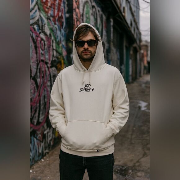 100 Thieves Center Logo Embroidered Hoodie White Thick Cotton Blend Cyber Grunge - Picture 1 of 12
